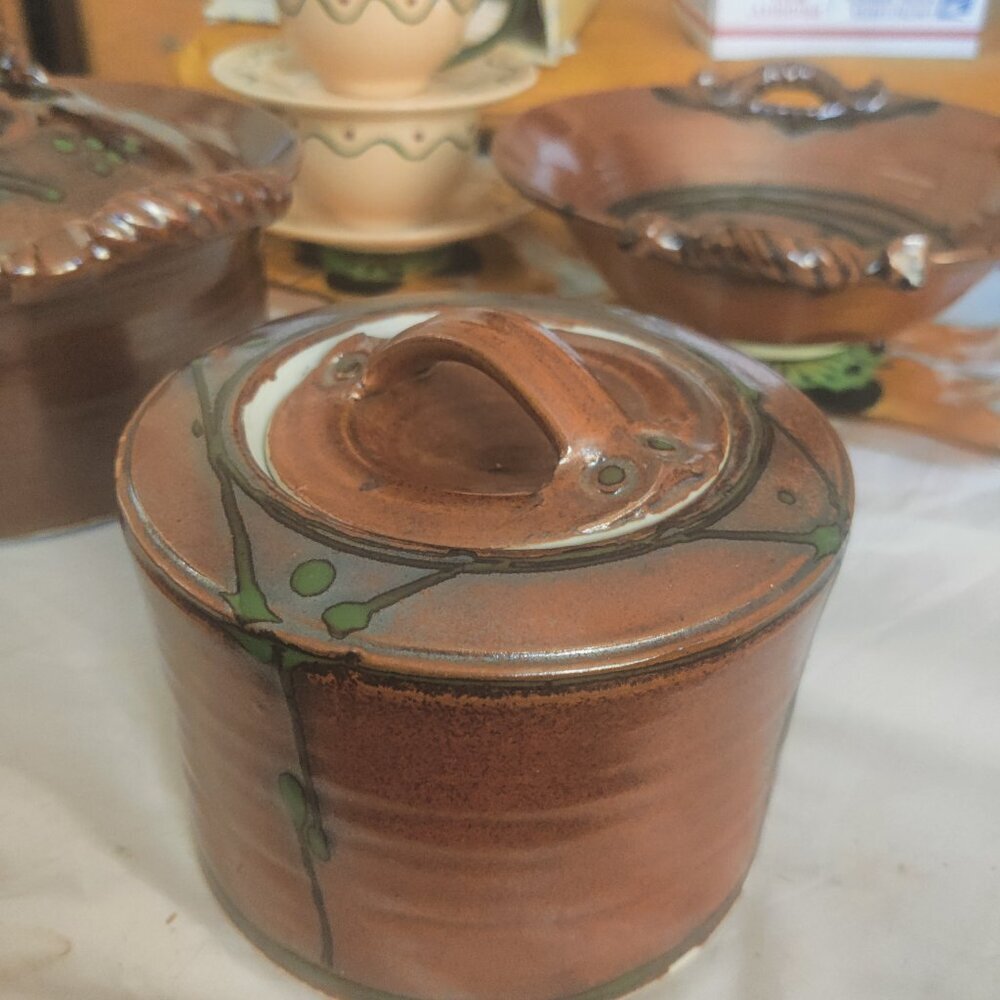 Pottery Biscuit Jar or pretty covered storage container, very glossy redware